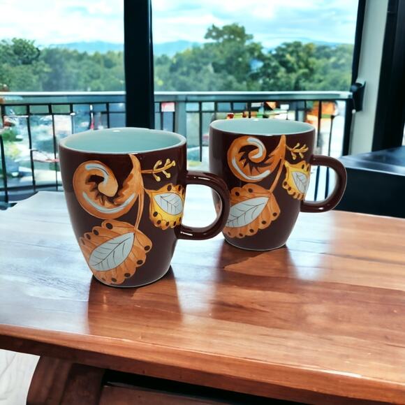 Laurie Gates Other - Laurie Gates Ware Coffee Mugs Cups Set of 2 Brown Leaves Blue Interior